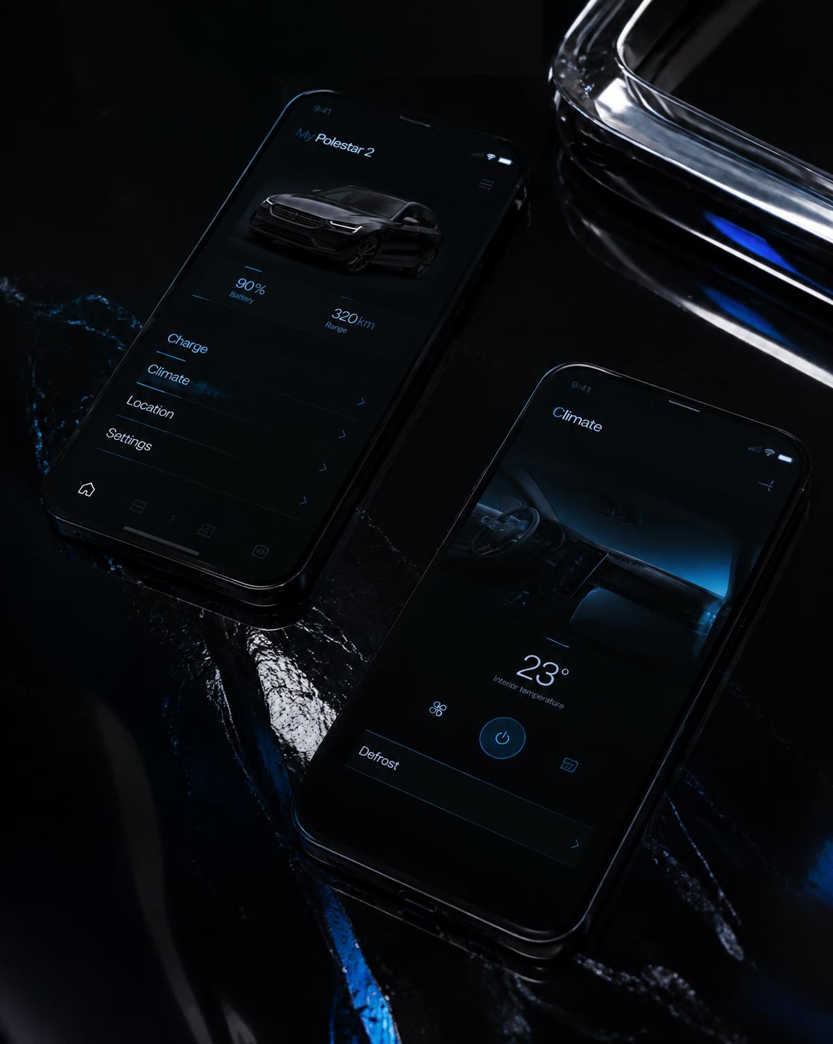Dark mobile app interface on two phones with blue accent light